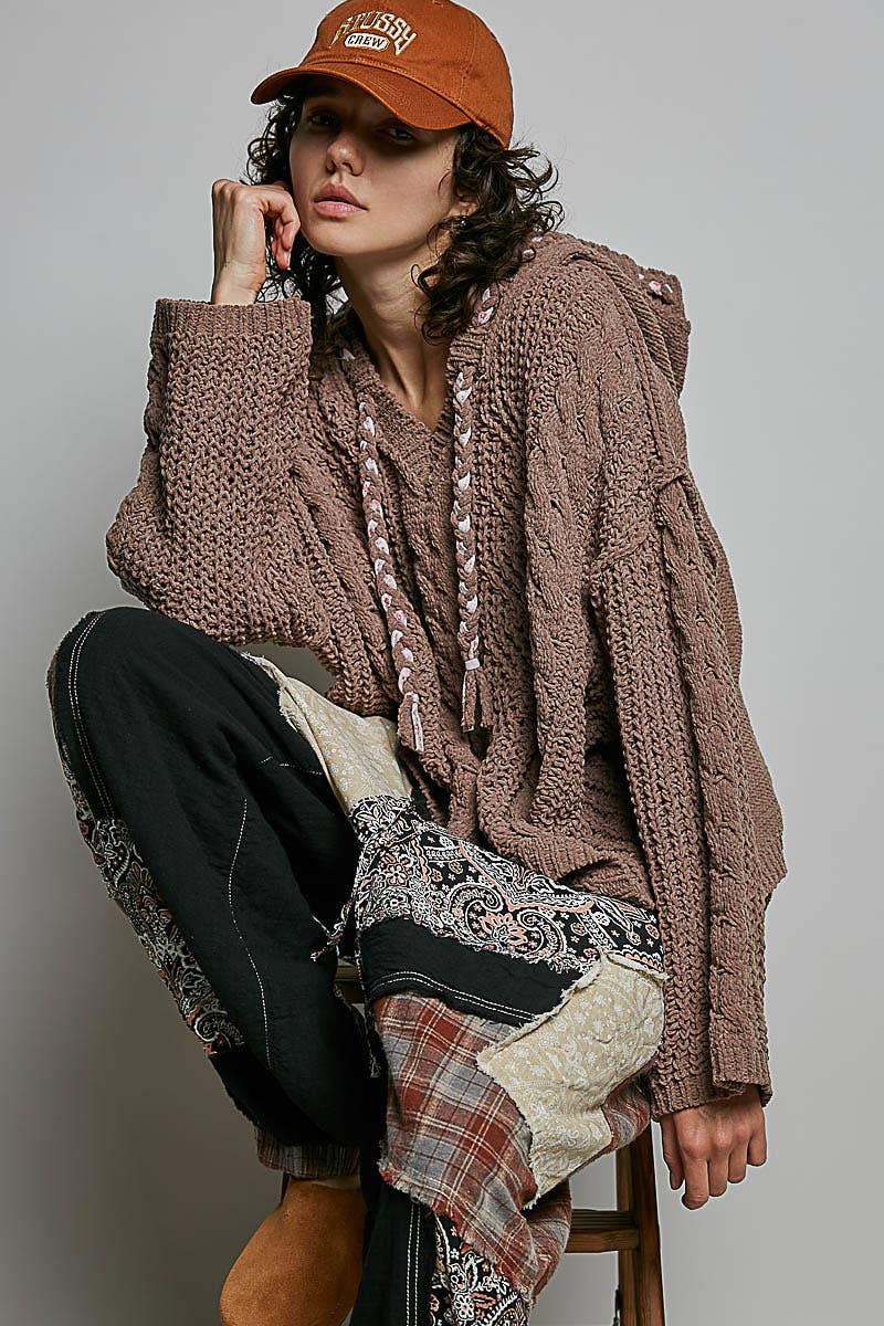 Oversized hooded cable knit chenille sweater