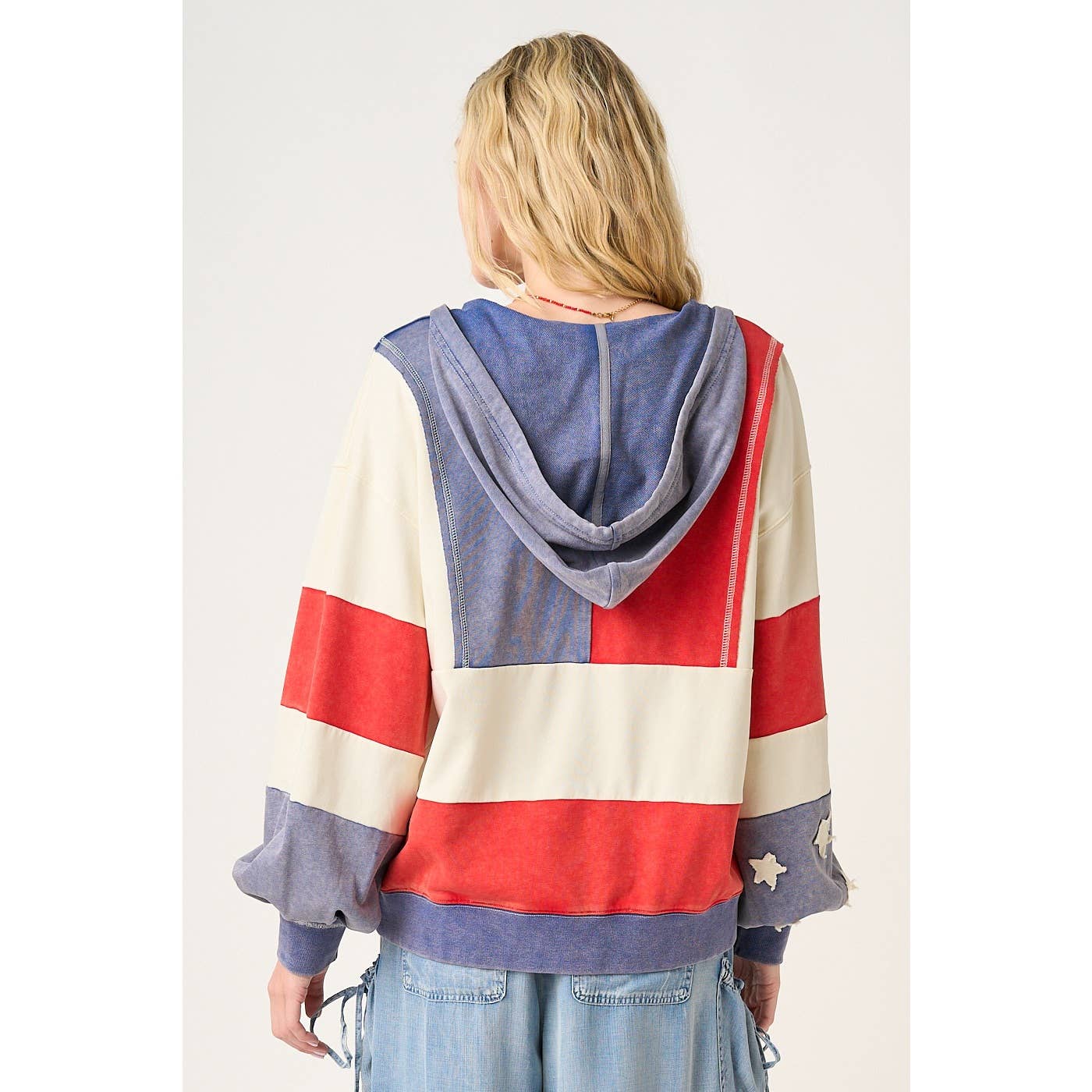 AMERICAN FLAG PATCHWORK COLOR BLOCK HOODIE TOP