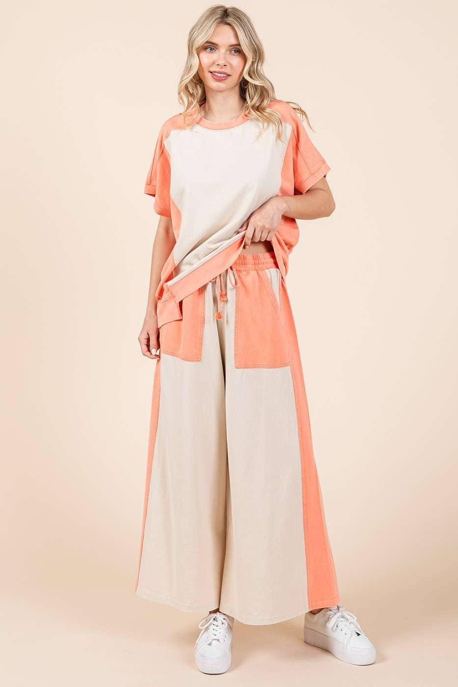 FRENCH TERRY WIDE LEG COLOR BLOCK PANTS
