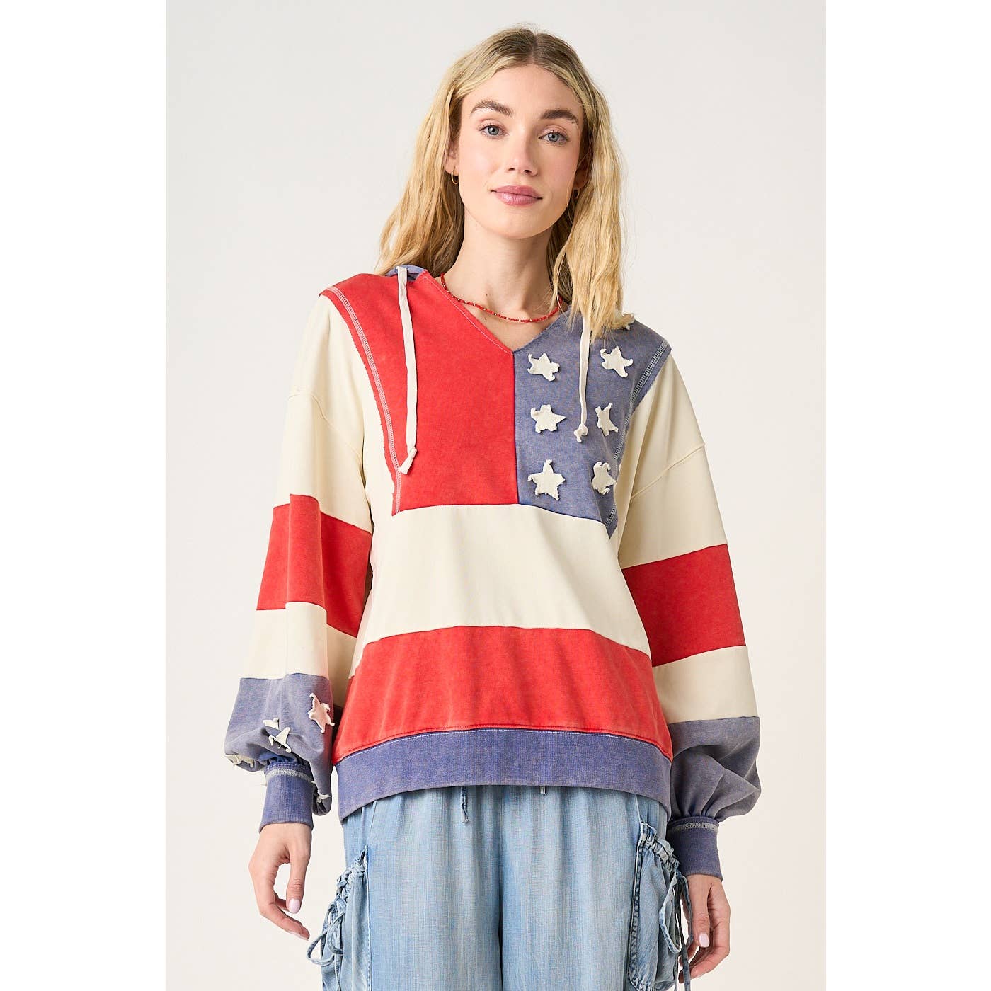 AMERICAN FLAG PATCHWORK COLOR BLOCK HOODIE TOP