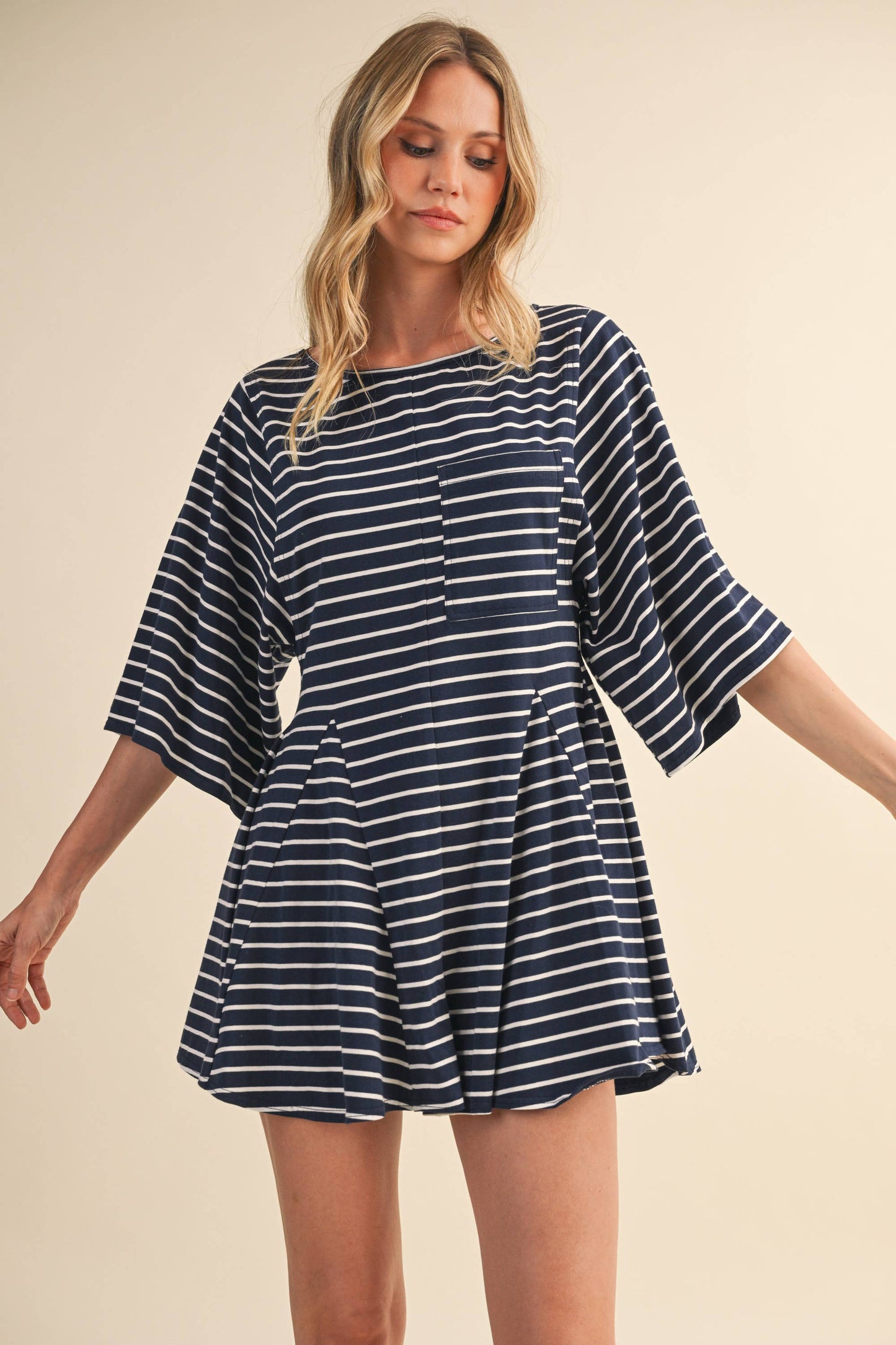 STRIPED FRONT POCKET GODET FLOWY ROMPER