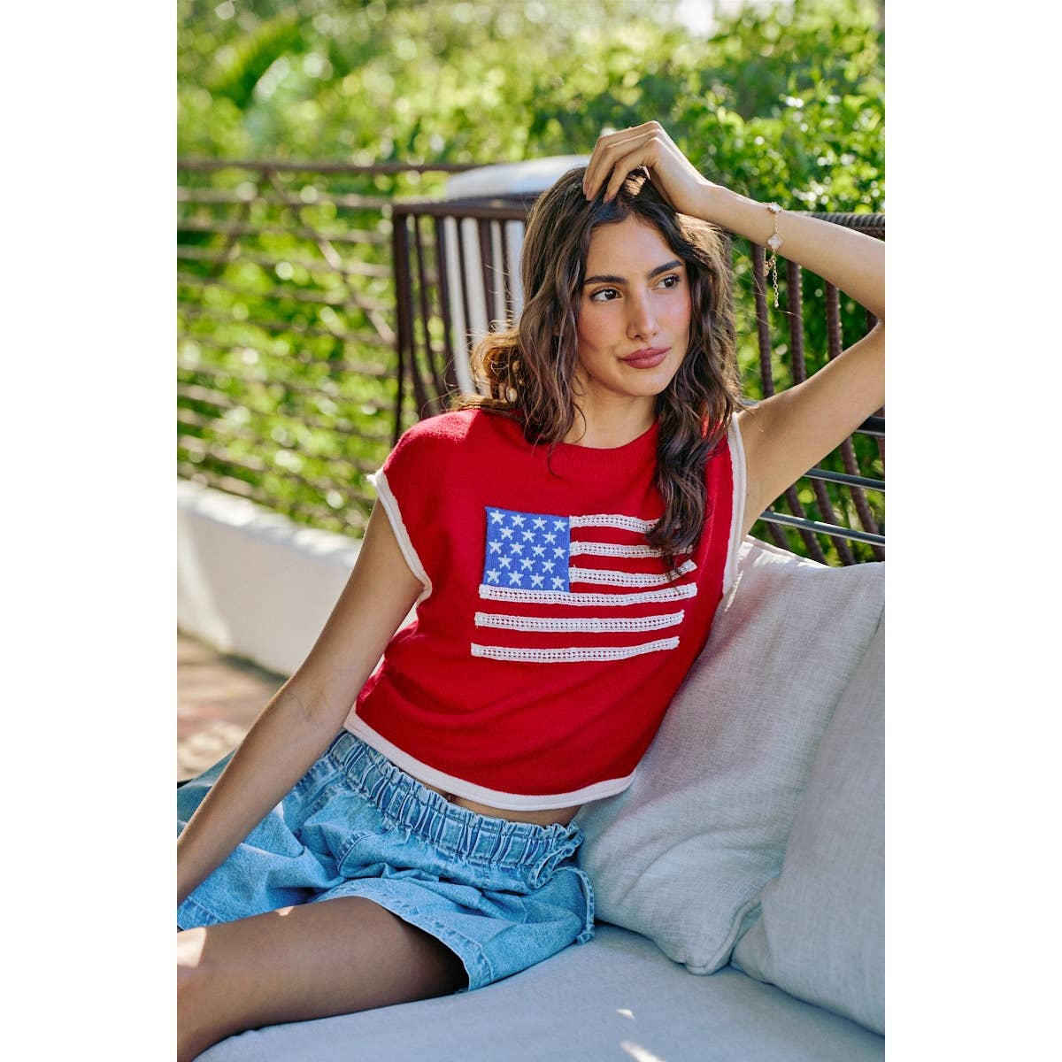 4TH OF JULY MOCK NECK KNITTED DOLMAN TOP WITH CONTRAST BAND