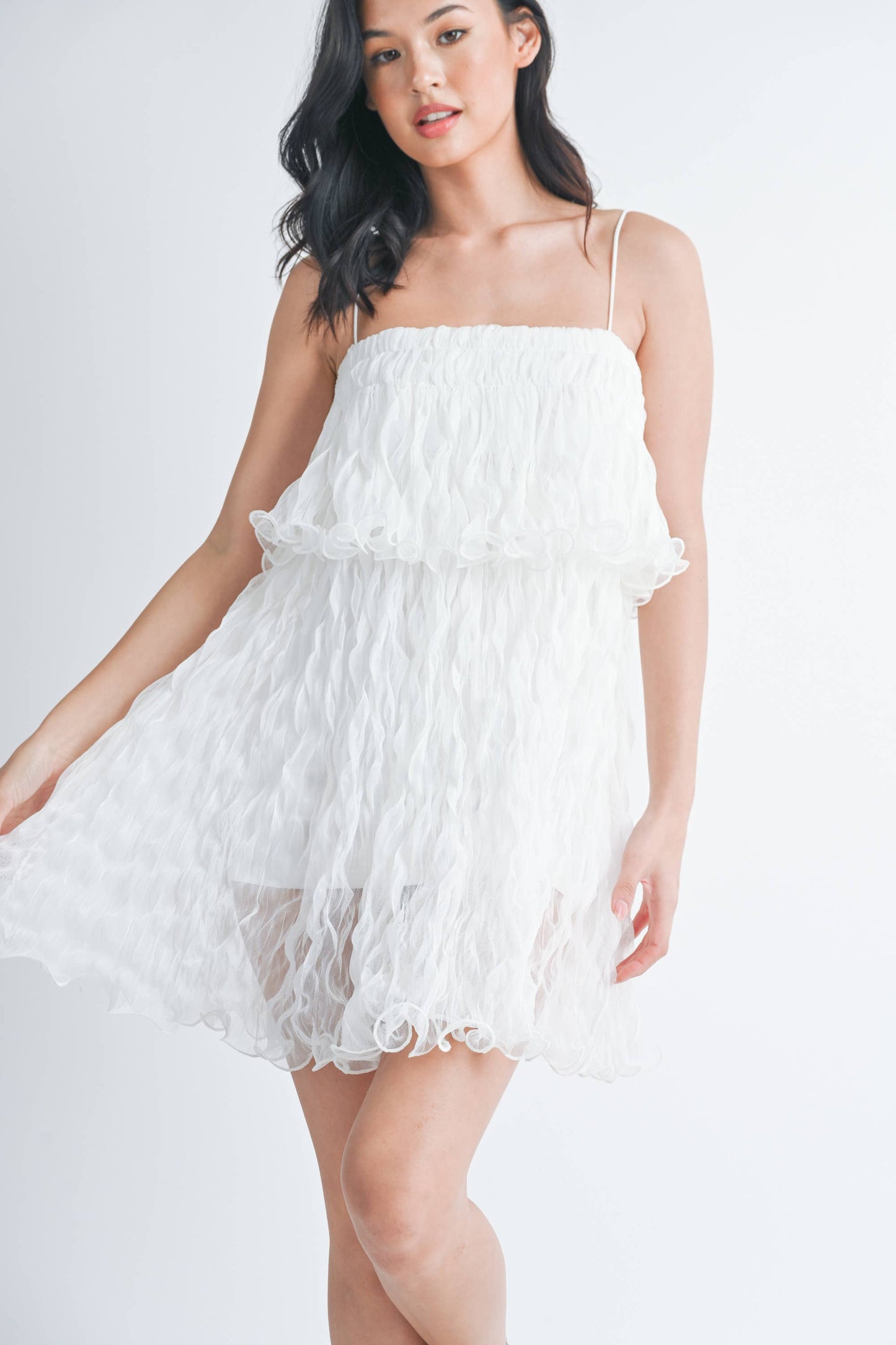 PLEATED TULLE RUFFLED TIERED MINI DRESS