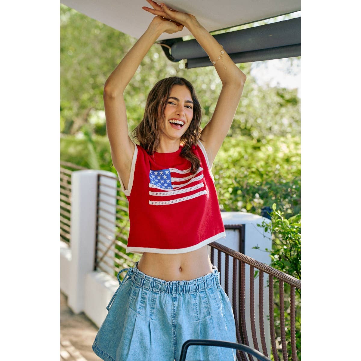 4TH OF JULY MOCK NECK KNITTED DOLMAN TOP WITH CONTRAST BAND