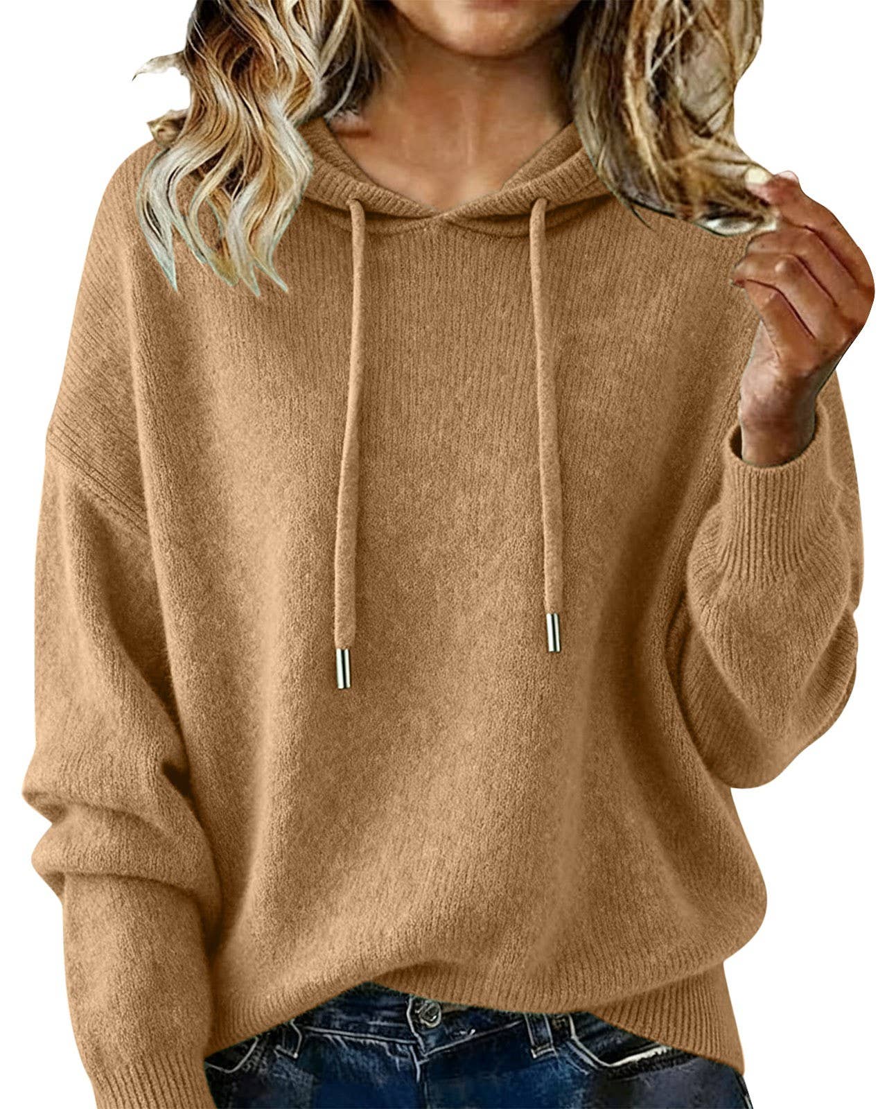 Cozy Solid Drawstring Hooded Knit Sweater