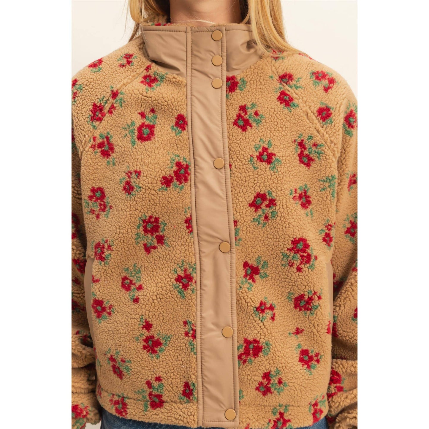 Floral Print Sherpa Zip Up Jacket