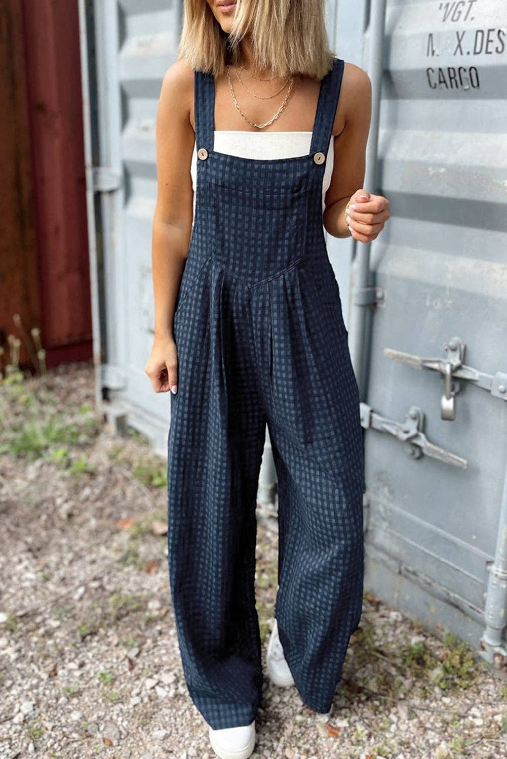 Blue Plaid Buttoned High Waist Overall