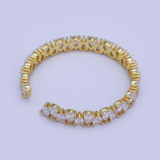 24K Gold Filled Clear CZ Teardrop Reverse Tennis Cuff Bracelet | WA-3139