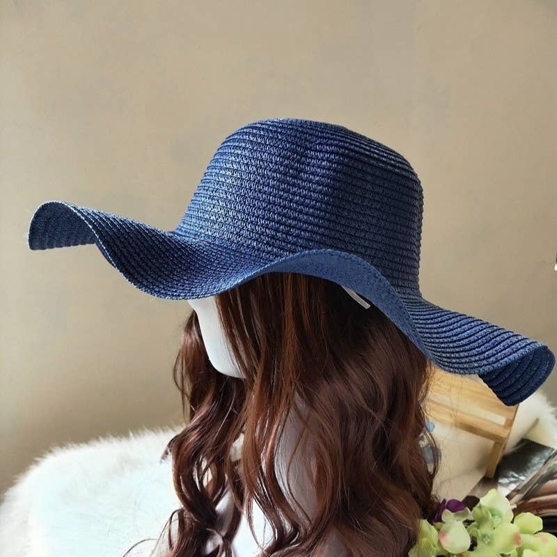 Summer Bow Ribbon Wide Brim Wave Straw Hat