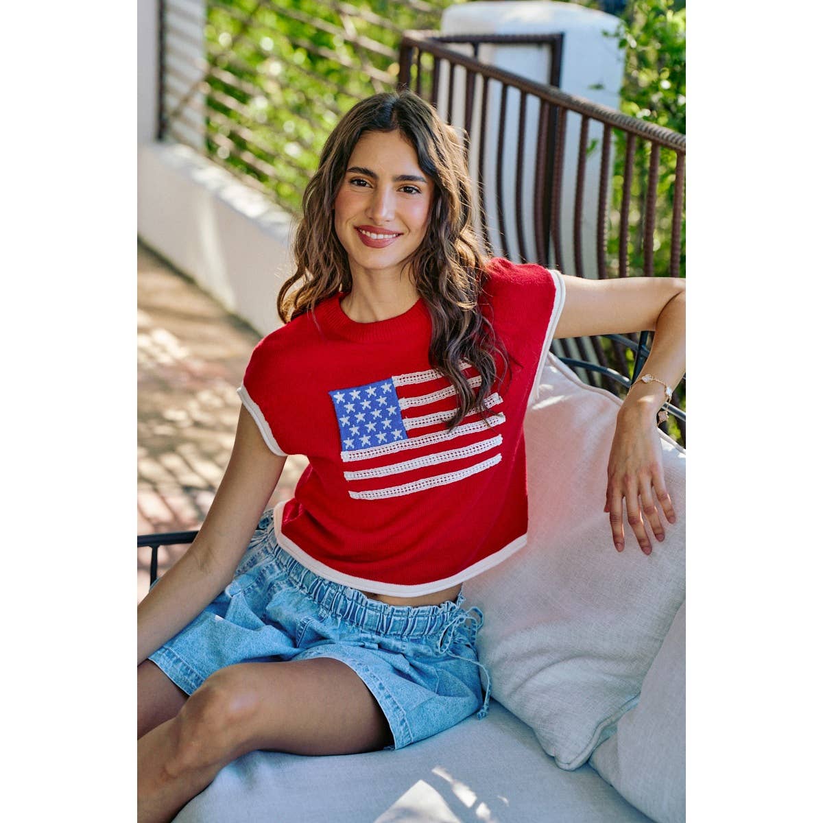 4TH OF JULY MOCK NECK KNITTED DOLMAN TOP WITH CONTRAST BAND