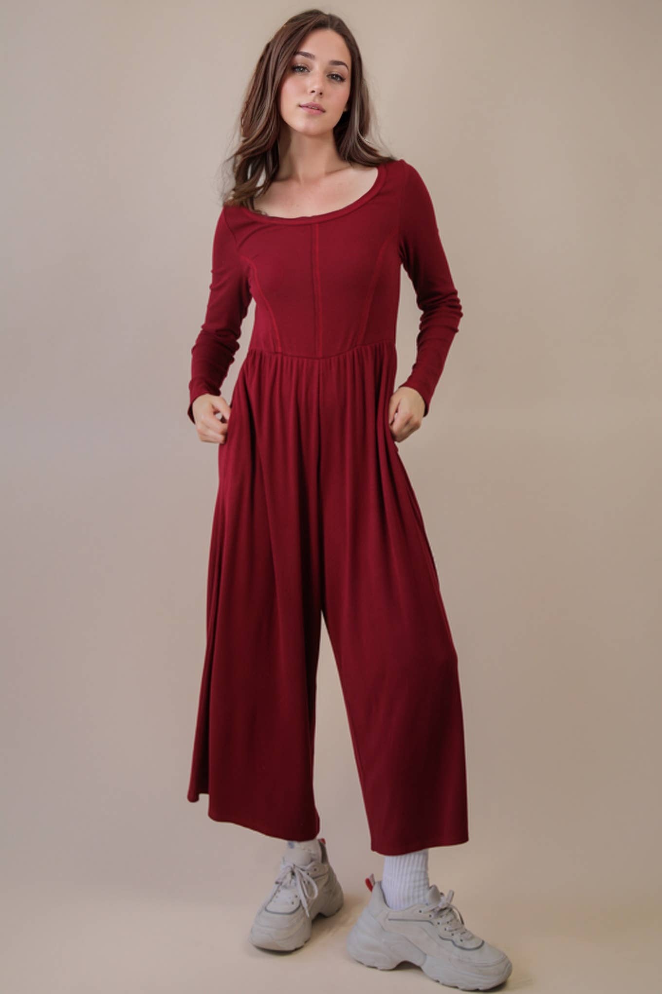 NP70910-Wide Leg Solid Knit Casual Jumpsuit