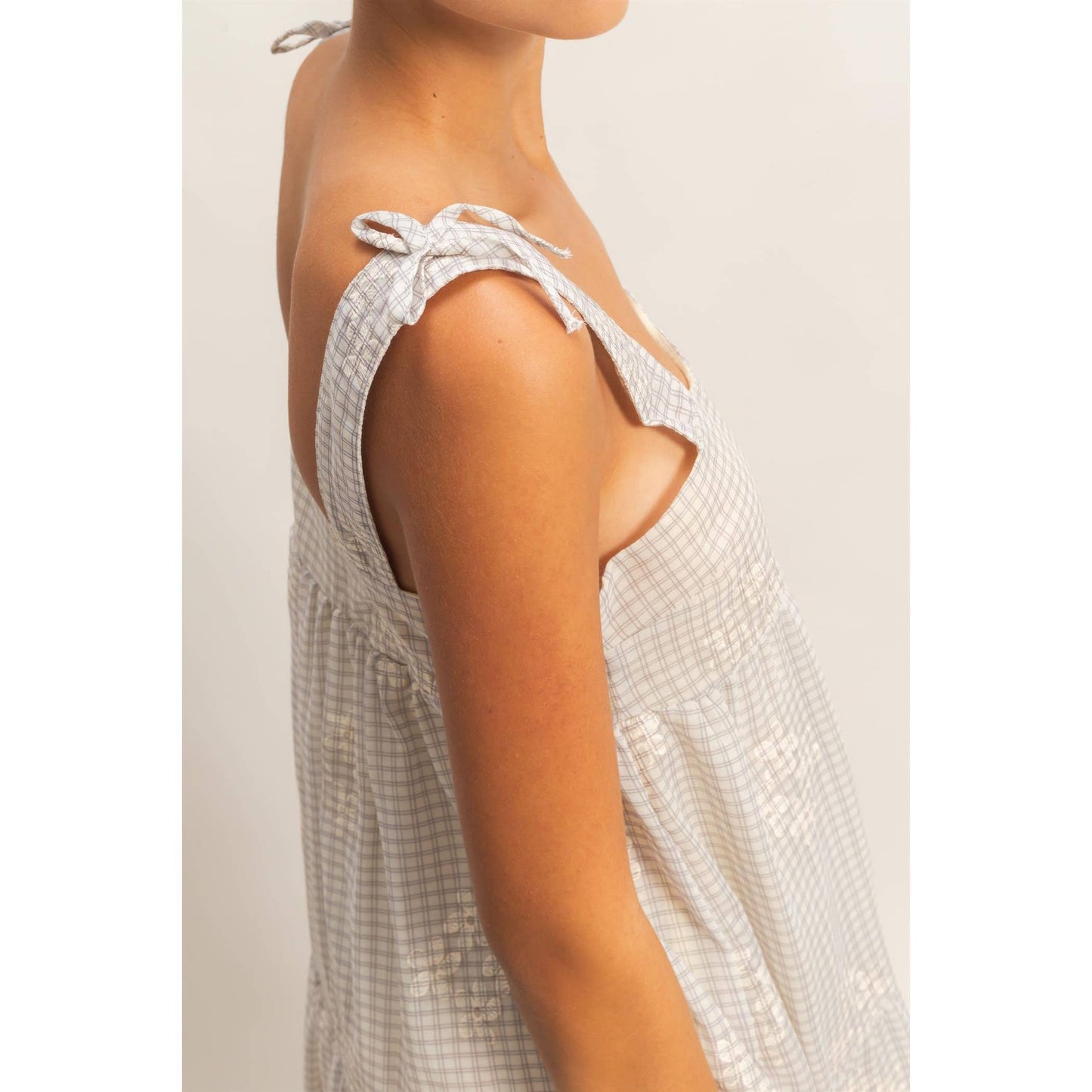 Tiered Gingham Dress With Embroidery