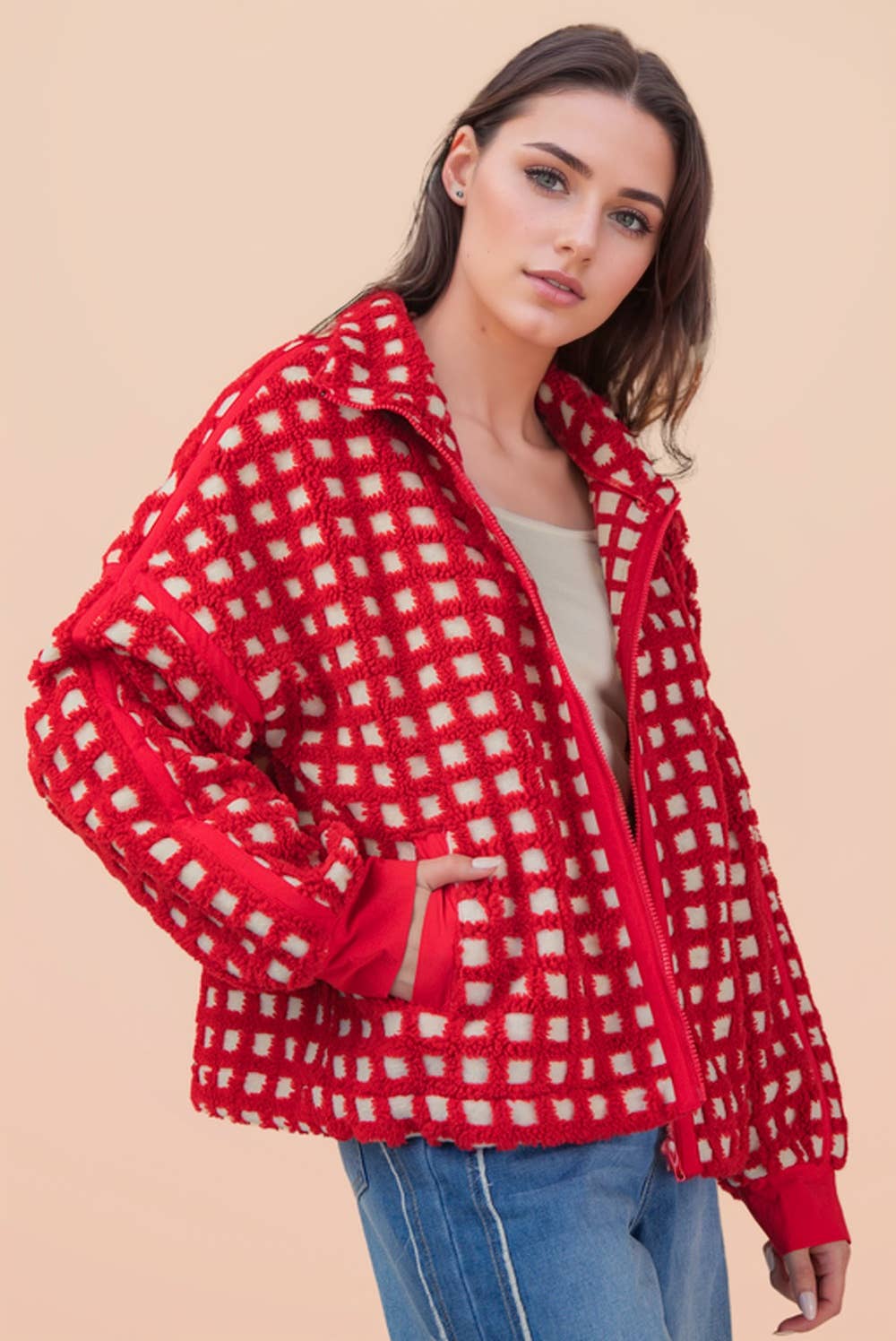 Oversized Checker Fleece Jacket