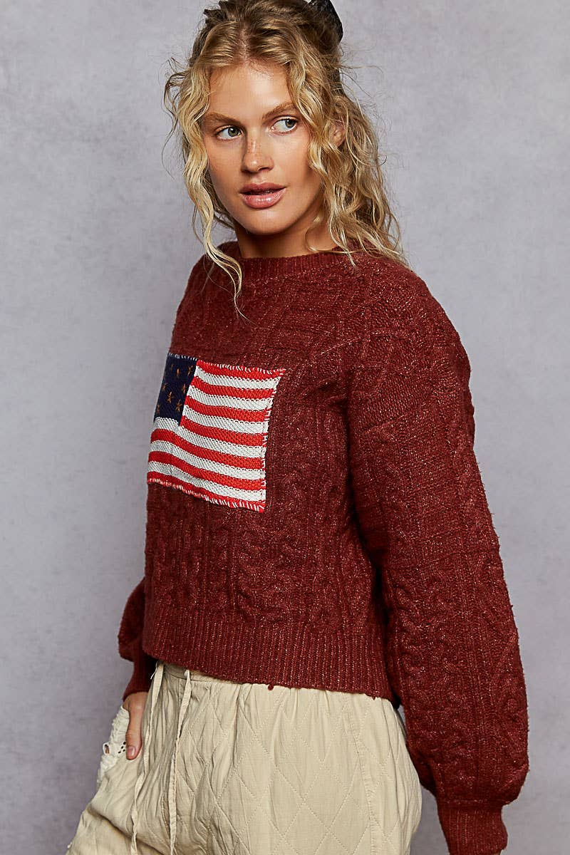 Long sleeve USA flag contrast stitch detail sweater knit top
