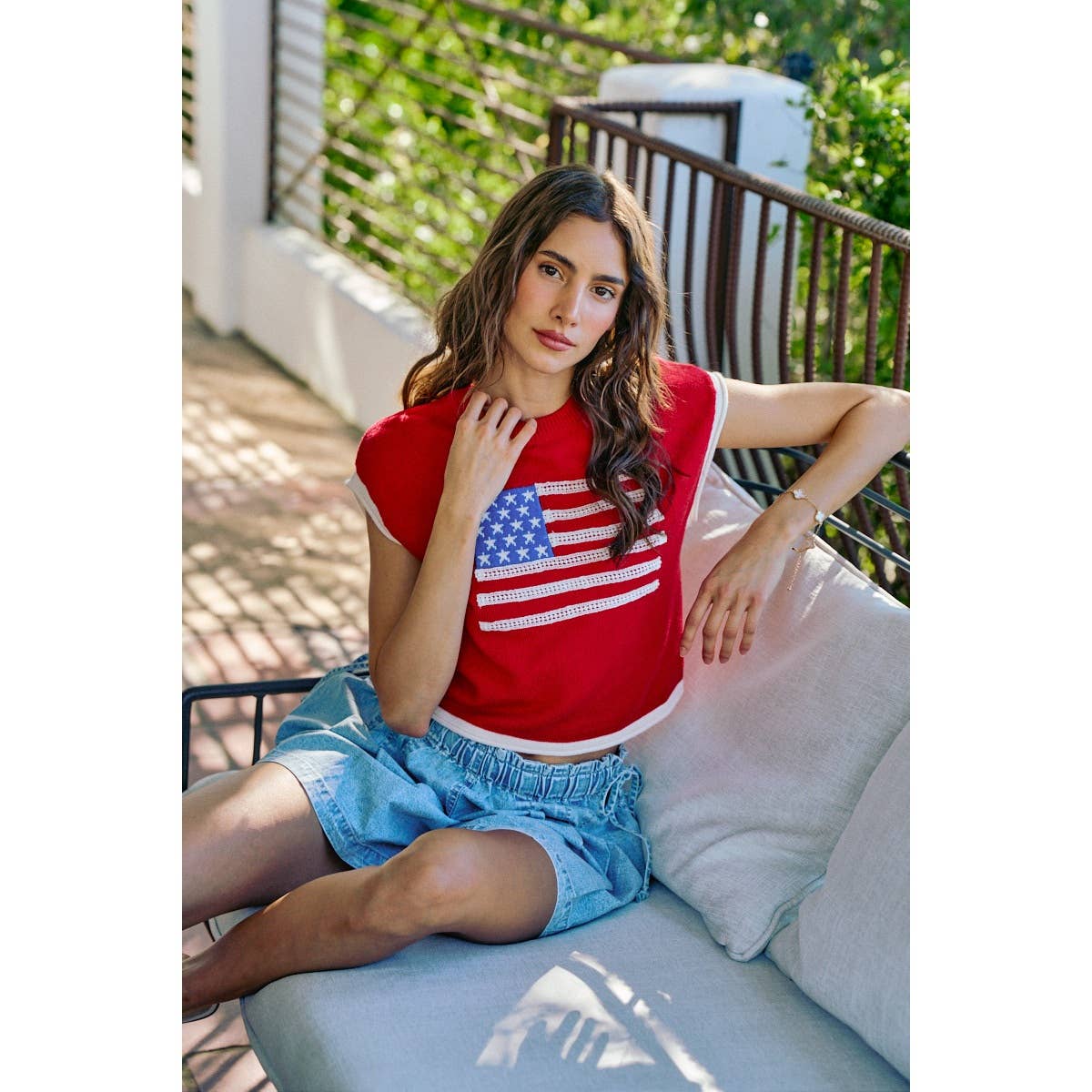 4TH OF JULY MOCK NECK KNITTED DOLMAN TOP WITH CONTRAST BAND