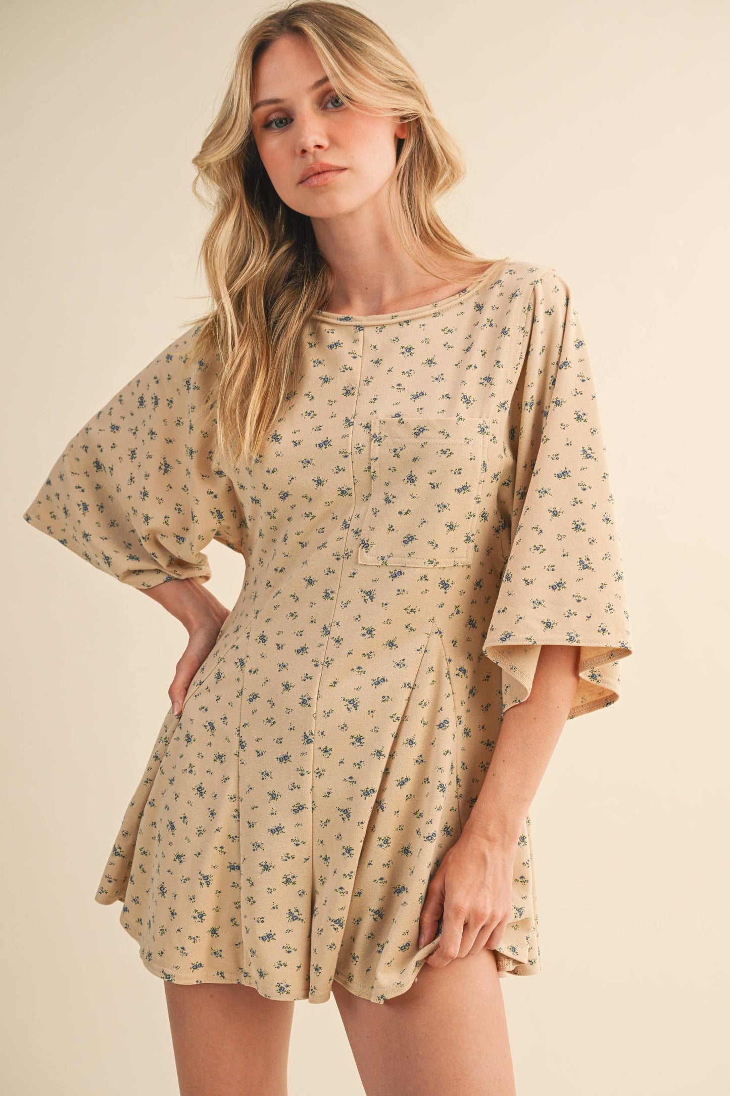 FLORAL FRONT POCKET GODET FLOWY ROMPER