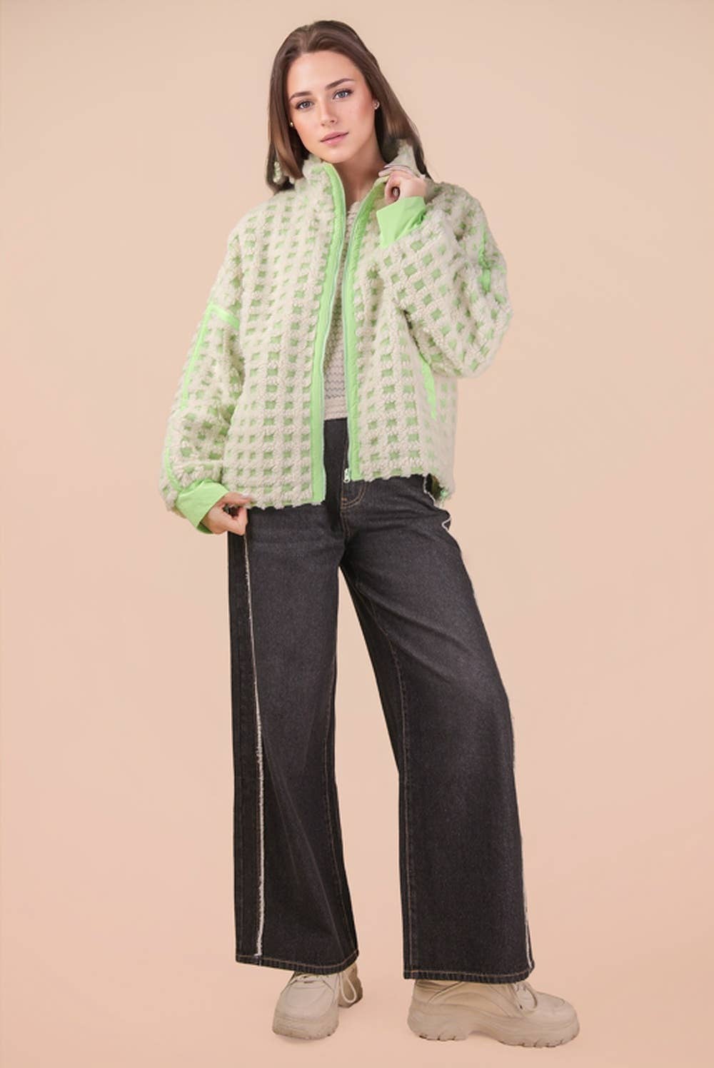 Oversized Checker Fleece Jacket