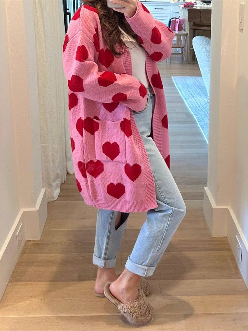 Valentine's Day red heart pattern long cardigan in pink