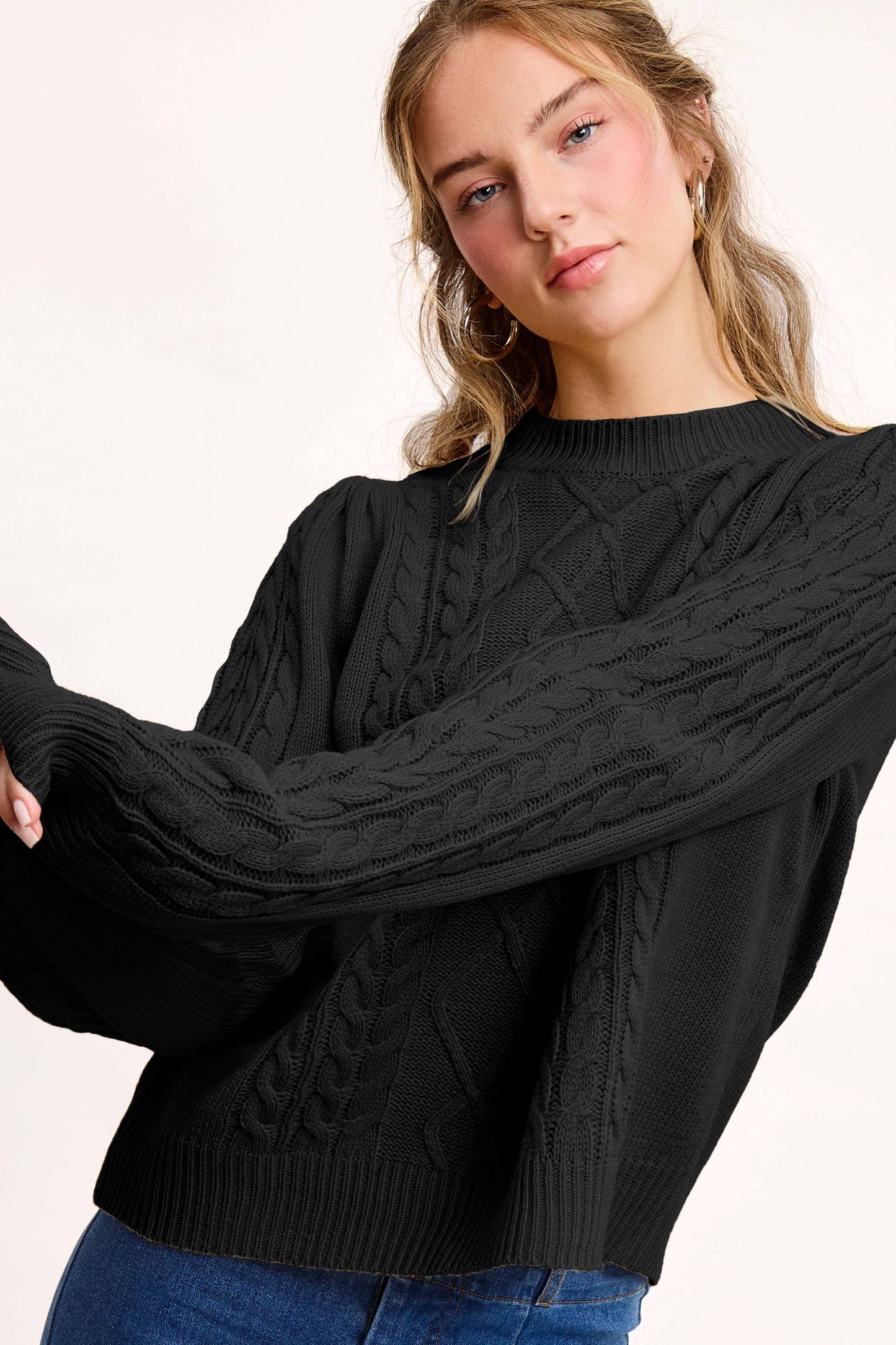 Super Soft Ribbed Crew Neck Cable Knit Sweater