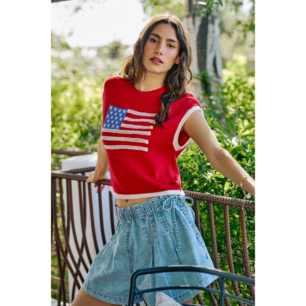 4TH OF JULY MOCK NECK KNITTED DOLMAN TOP WITH CONTRAST BAND