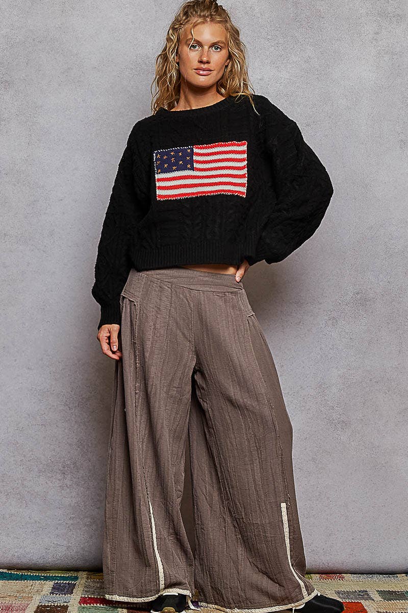 Long sleeve USA flag contrast stitch detail sweater knit top