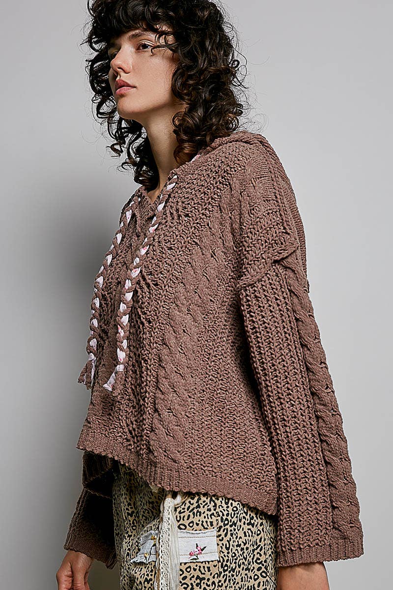 Oversized hooded cable knit chenille sweater