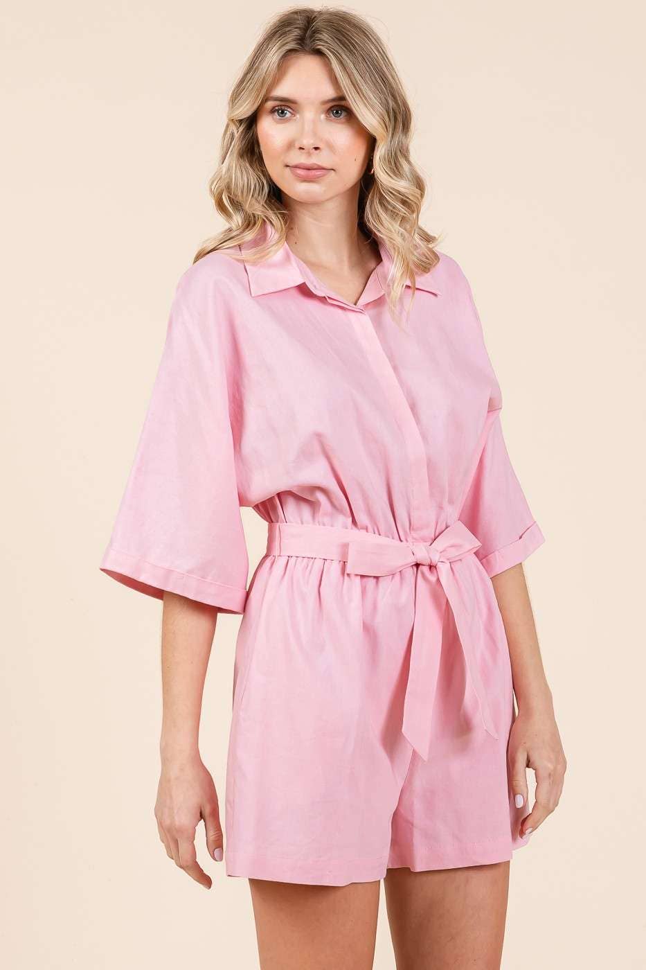 LINEN TIE BELT BUTTON DOWN COLLARED ROMPER