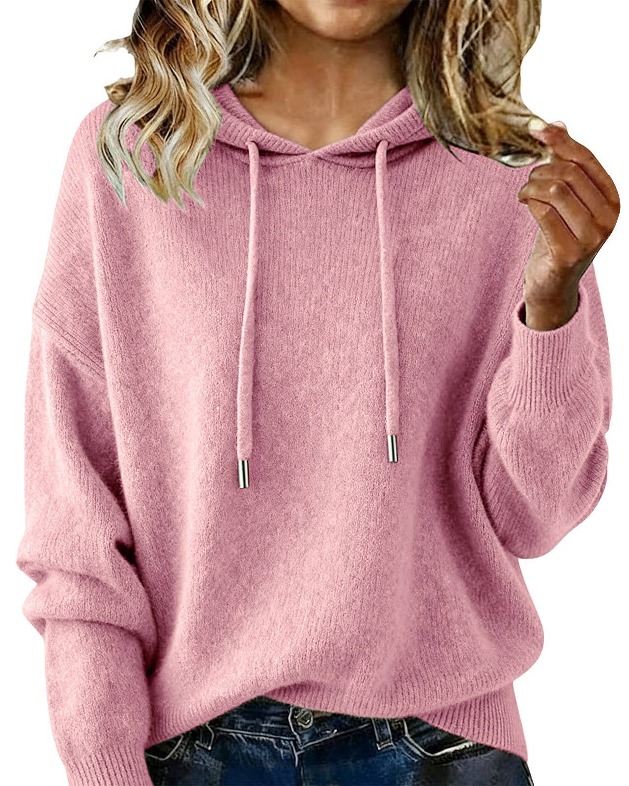 Cozy Solid Drawstring Hooded Knit Sweater
