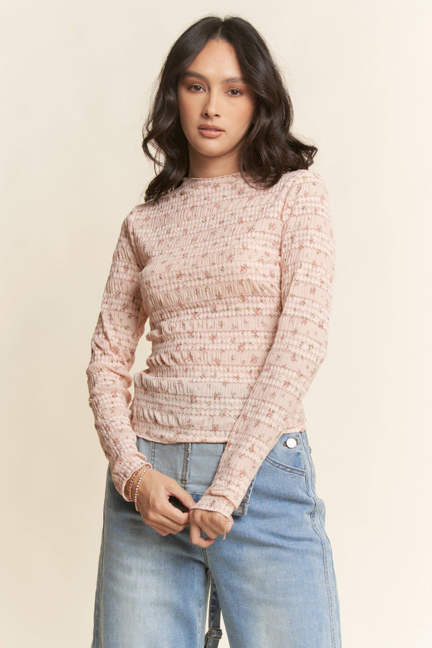 FLORAL PRINT MOCK NECK LONG SLEEVES KNIT TOP