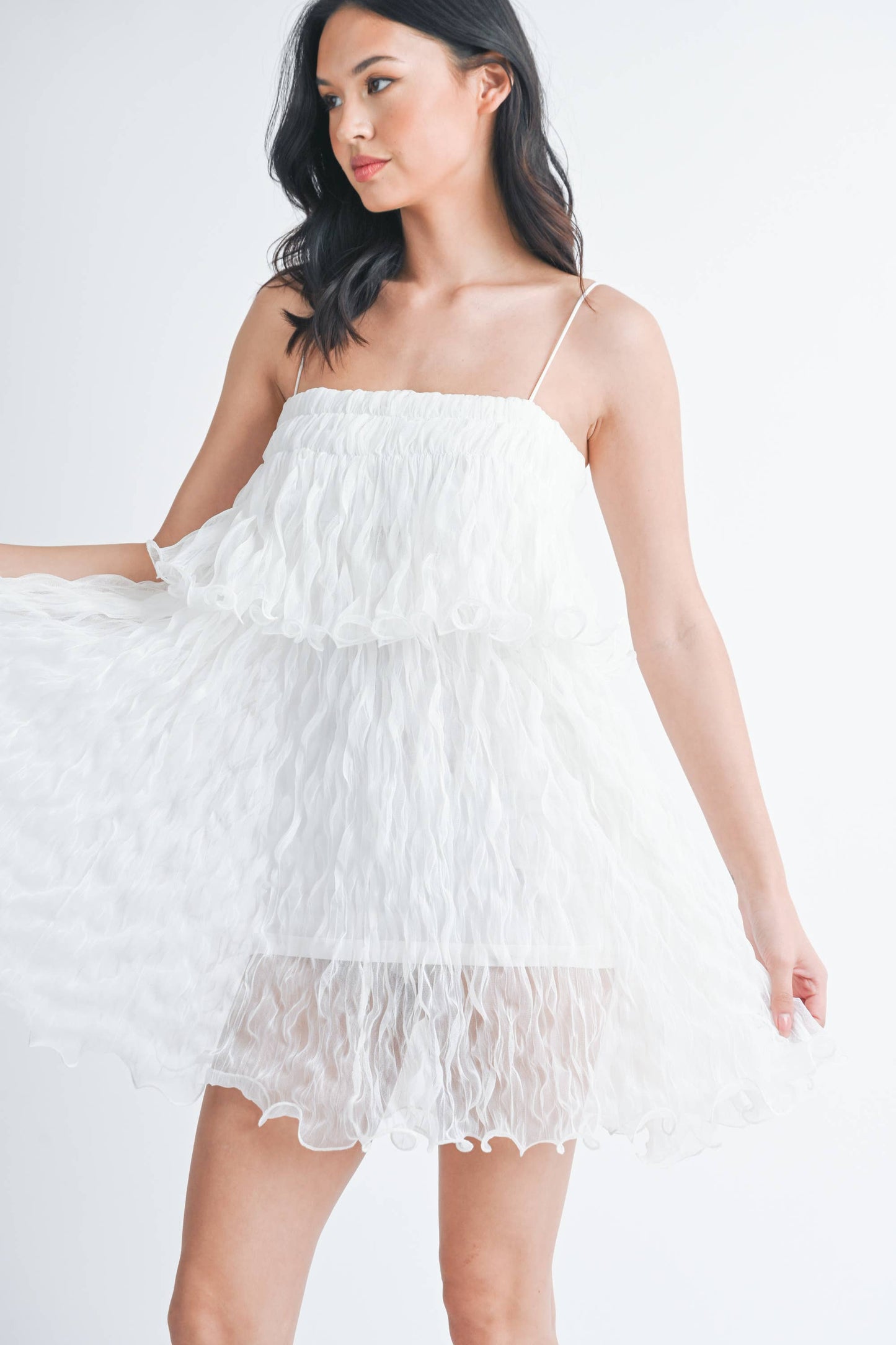 PLEATED TULLE RUFFLED TIERED MINI DRESS