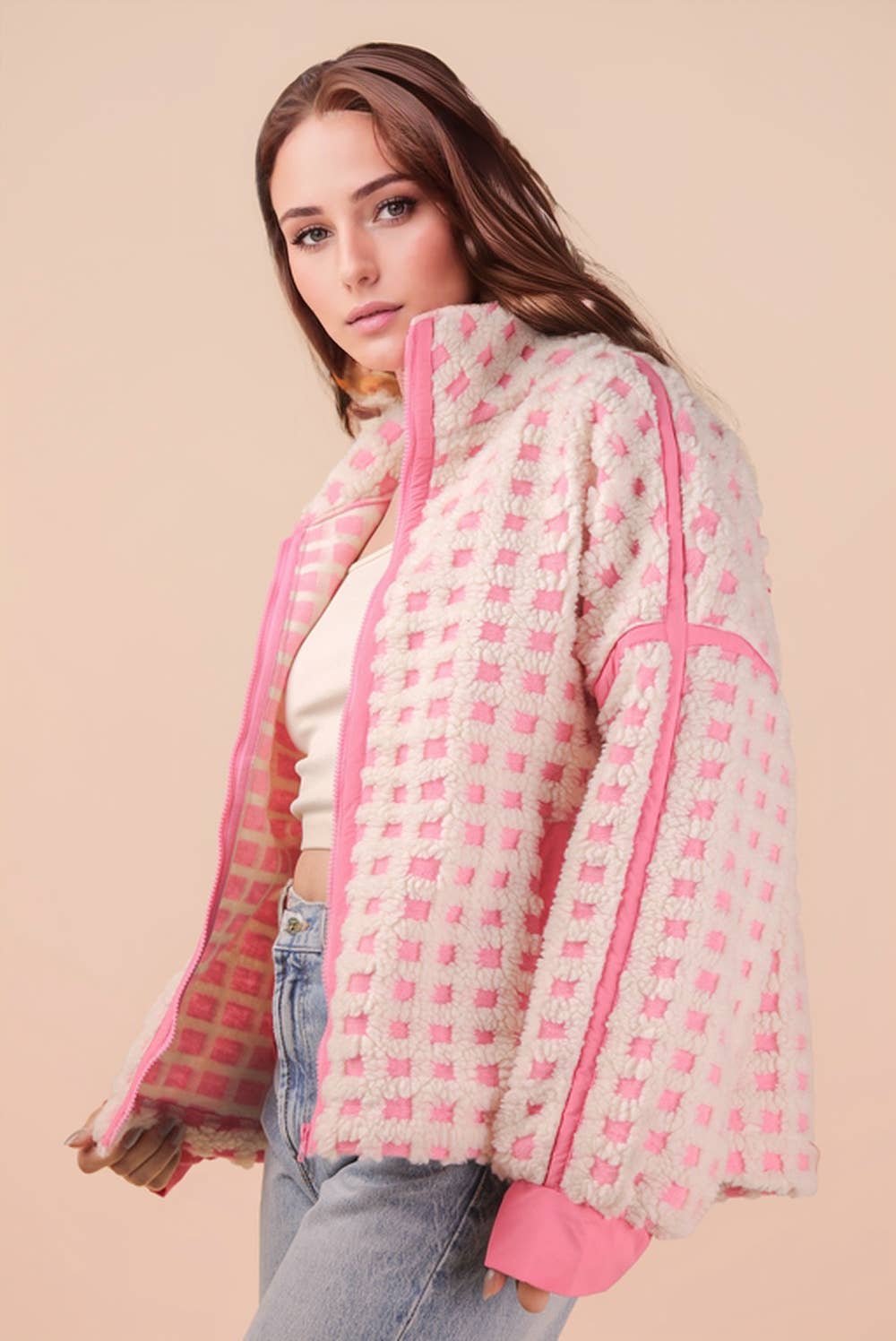 Oversized Checker Fleece Jacket
