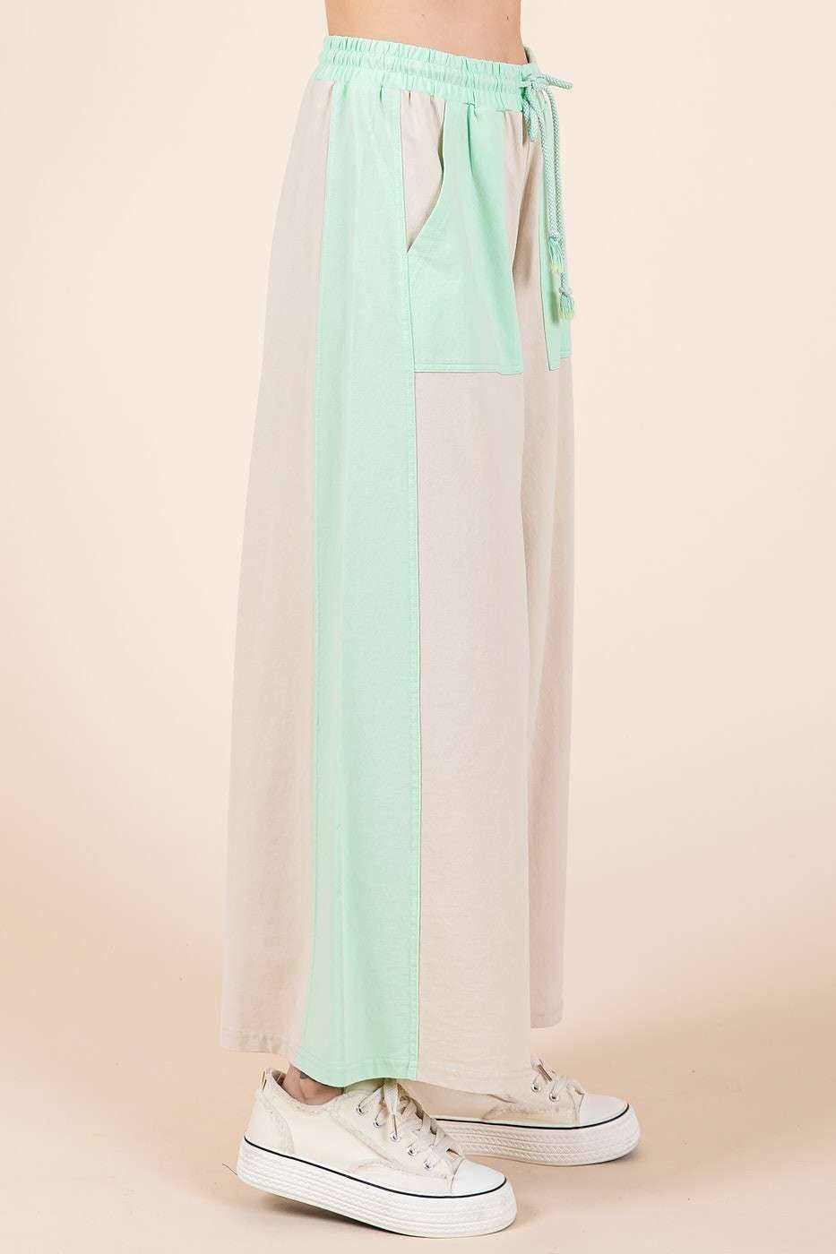 FRENCH TERRY WIDE LEG COLOR BLOCK PANTS