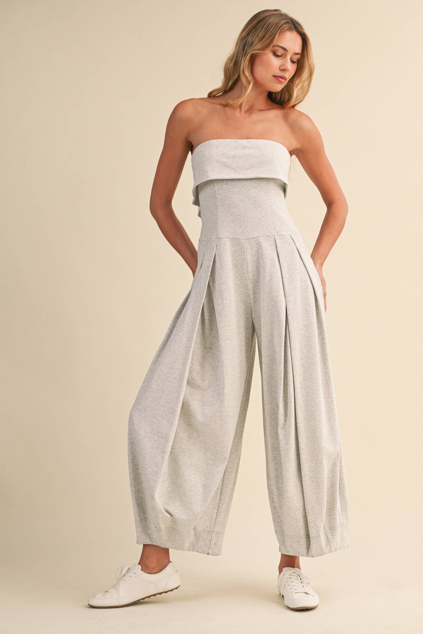 FOLDOVER STRAPLESS SMOCKED BACK PLEATED BARREL JUMPSUIT