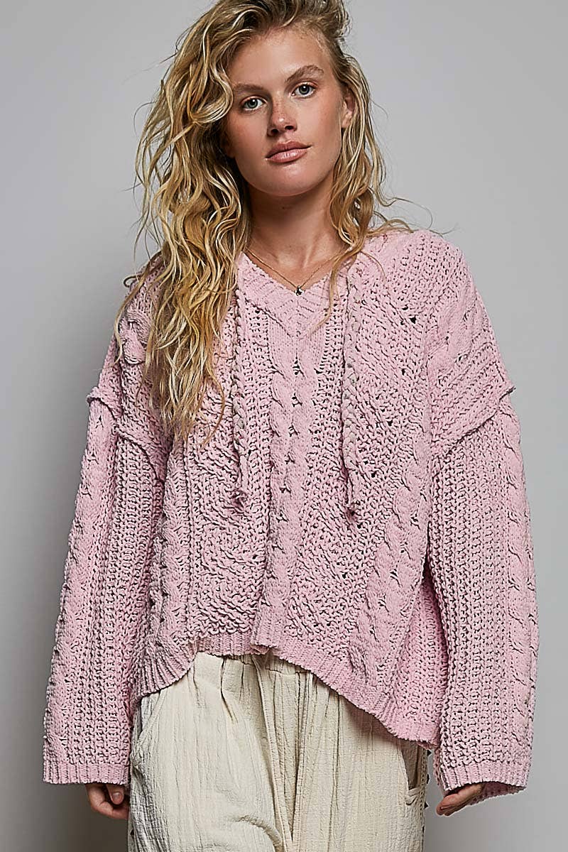 Oversized hooded cable knit chenille sweater