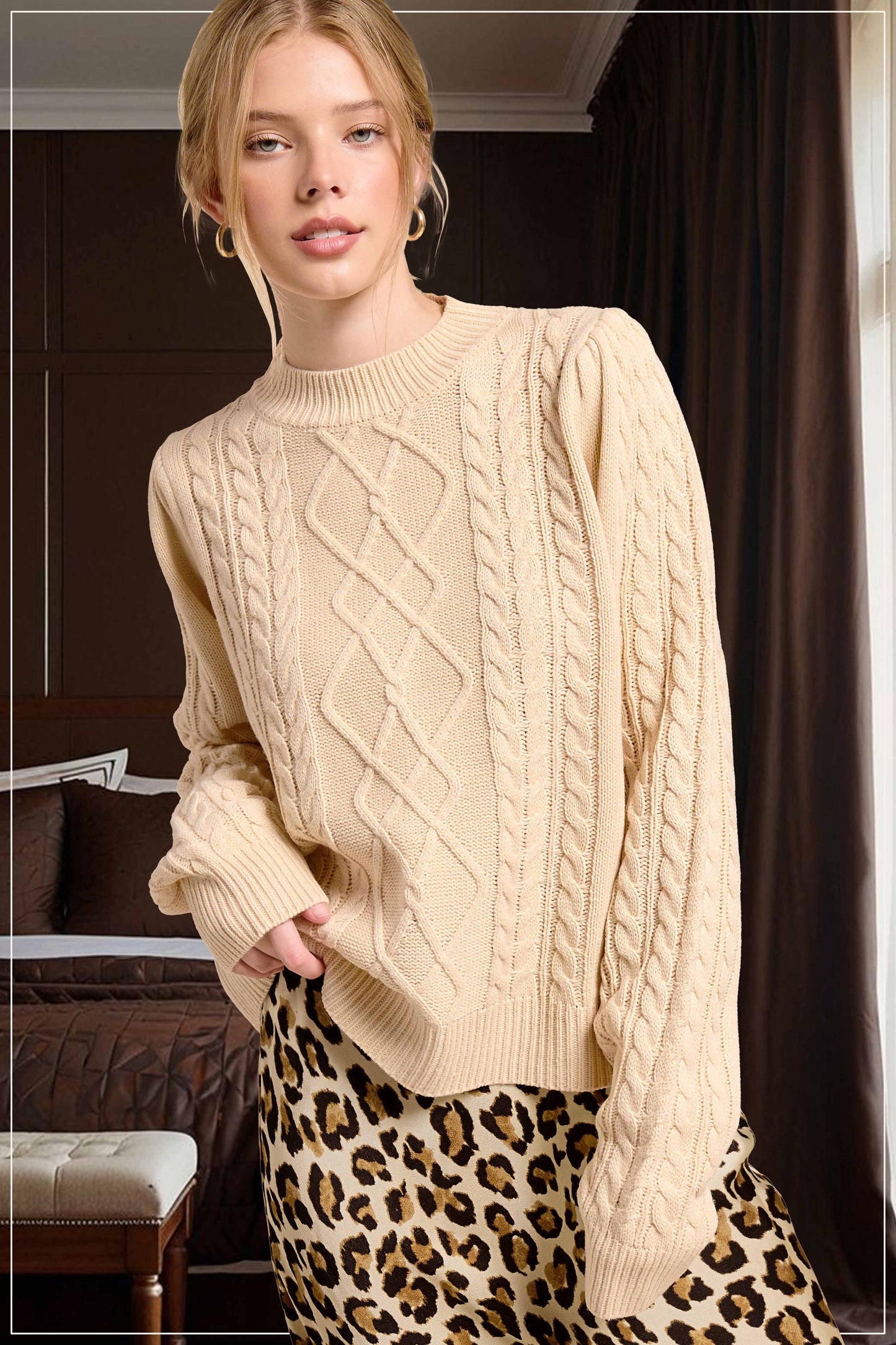 Super Soft Ribbed Crew Neck Cable Knit Sweater