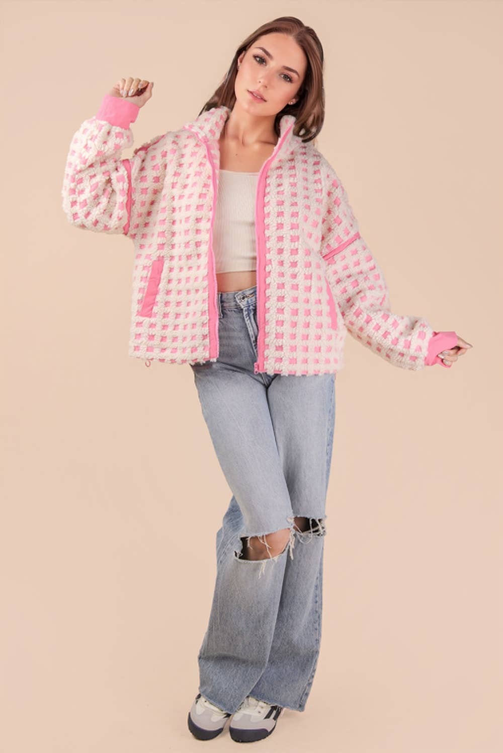 Oversized Checker Fleece Jacket