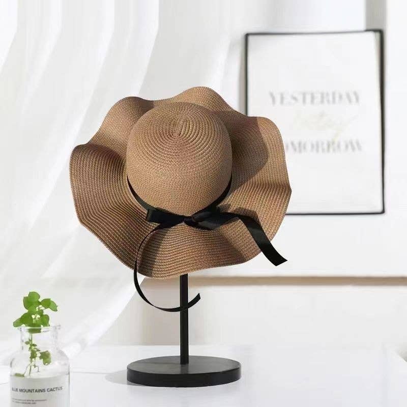 Summer Bow Ribbon Wide Brim Wave Straw Hat