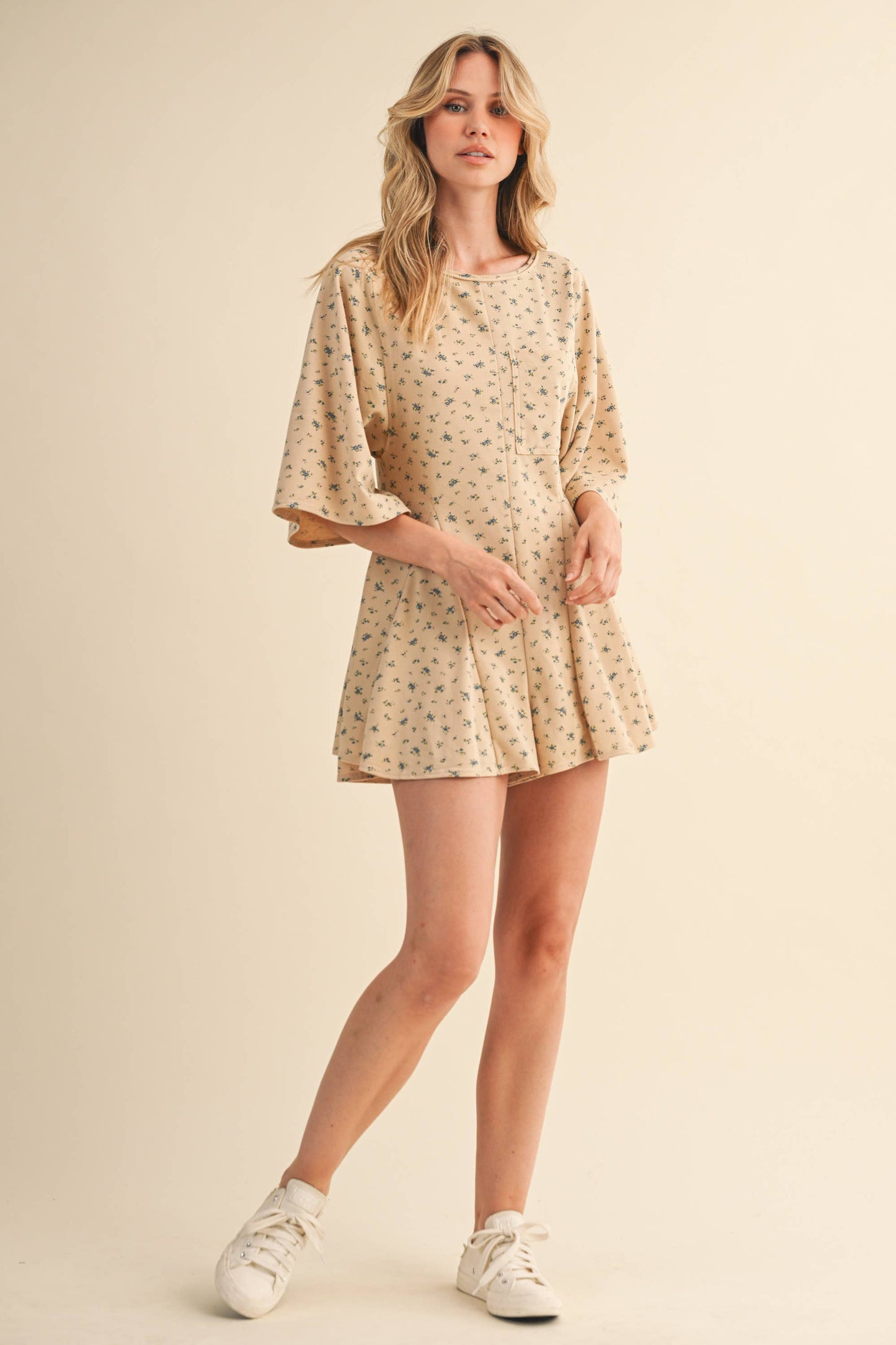 FLORAL FRONT POCKET GODET FLOWY ROMPER
