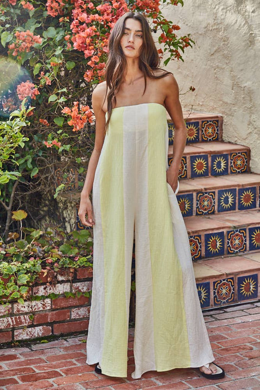 Woven Cotton Striped Strapless Wide Leg Jumpsuit