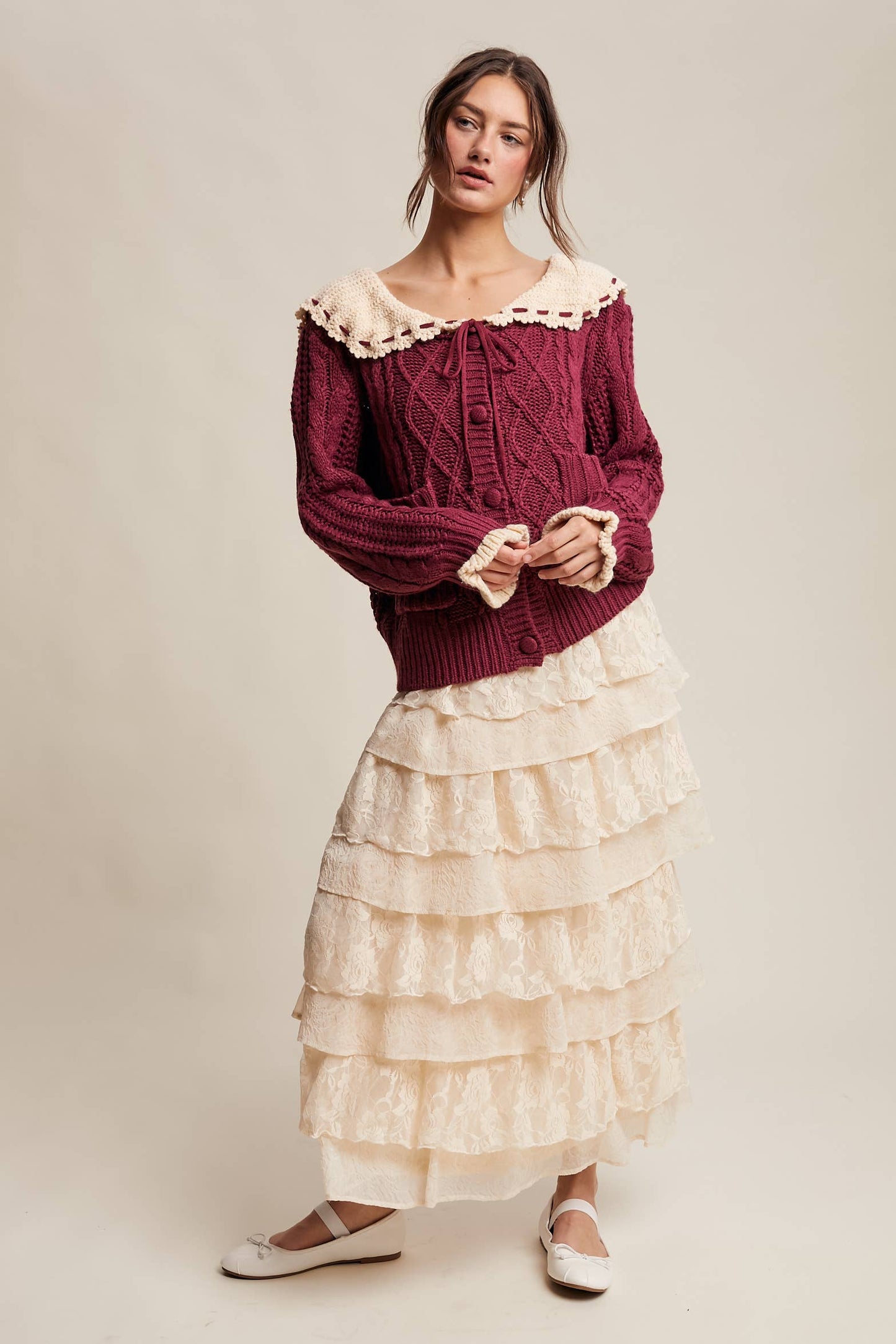 Two-Tone Crochet Collar Cable Knit Cardigan