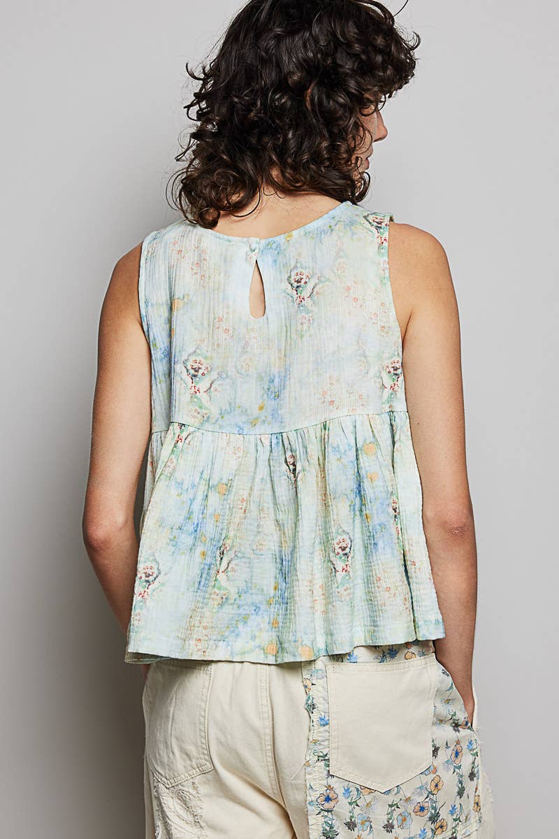 Round Neck Double Gauze Pintuck Floral Sleeveless Top