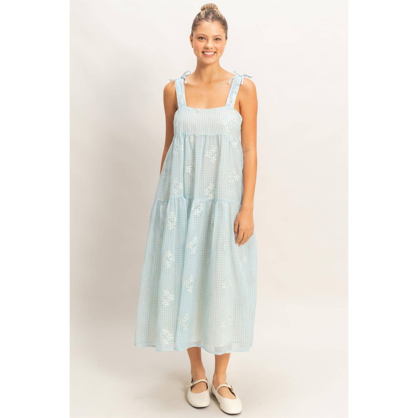 Tiered Gingham Dress With Embroidery
