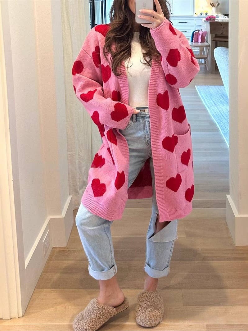 Valentine's Day red heart pattern long cardigan in pink