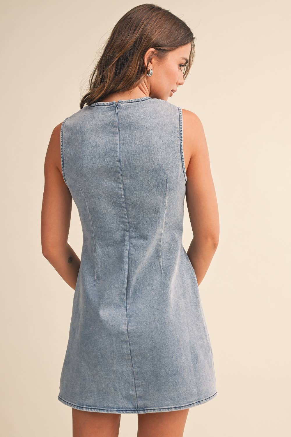 RIBBON DETAILED DENIM MINI DRESS