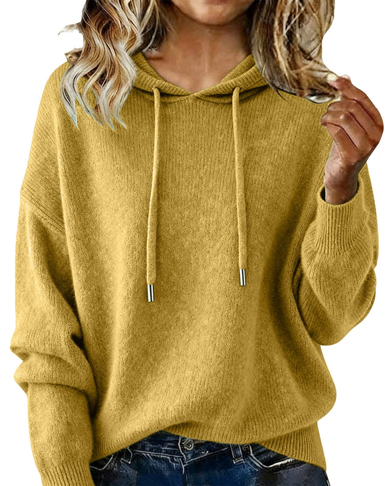 Cozy Solid Drawstring Hooded Knit Sweater