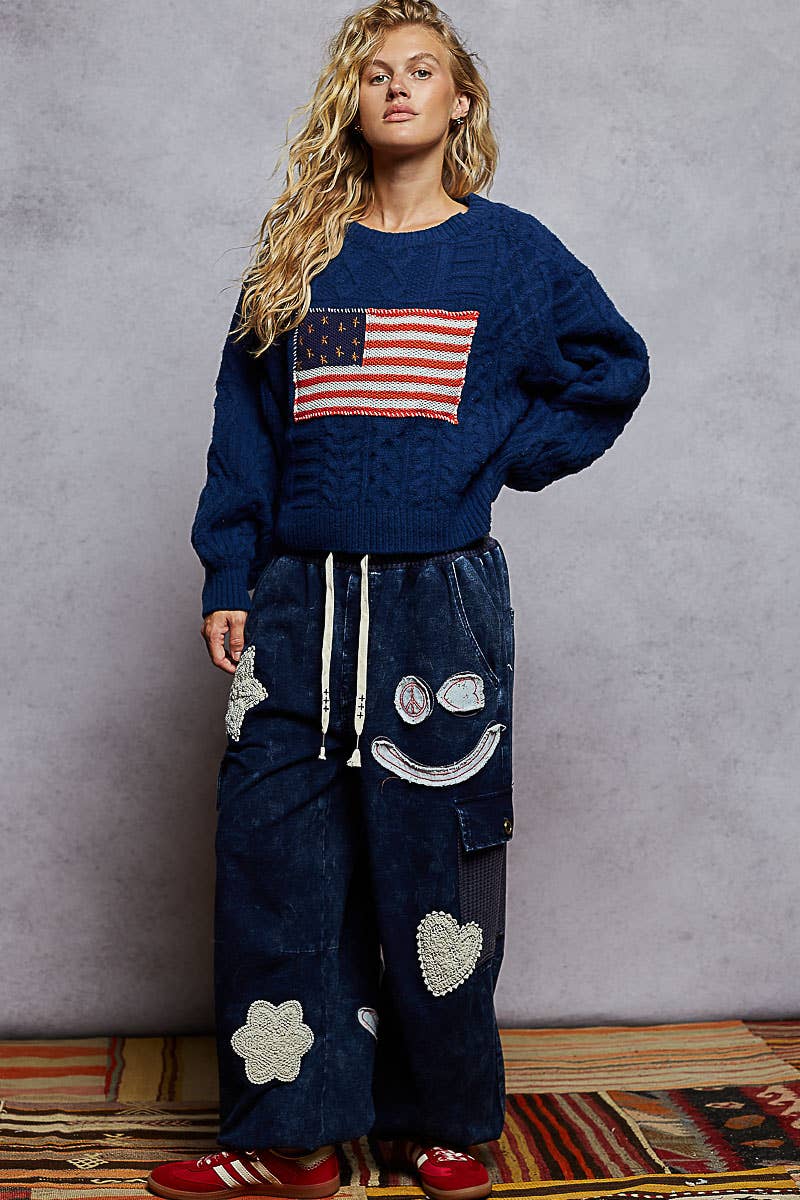 Long sleeve USA flag contrast stitch detail sweater knit top
