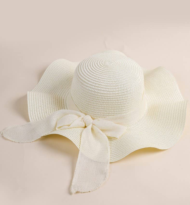 Summer Bow Ribbon Wide Brim Wave Straw Hat