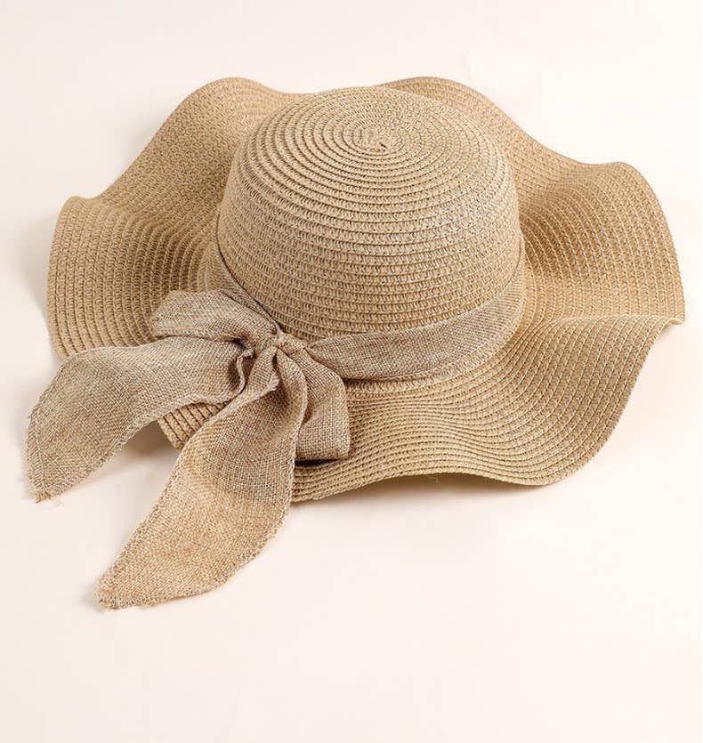 Summer Bow Ribbon Wide Brim Wave Straw Hat
