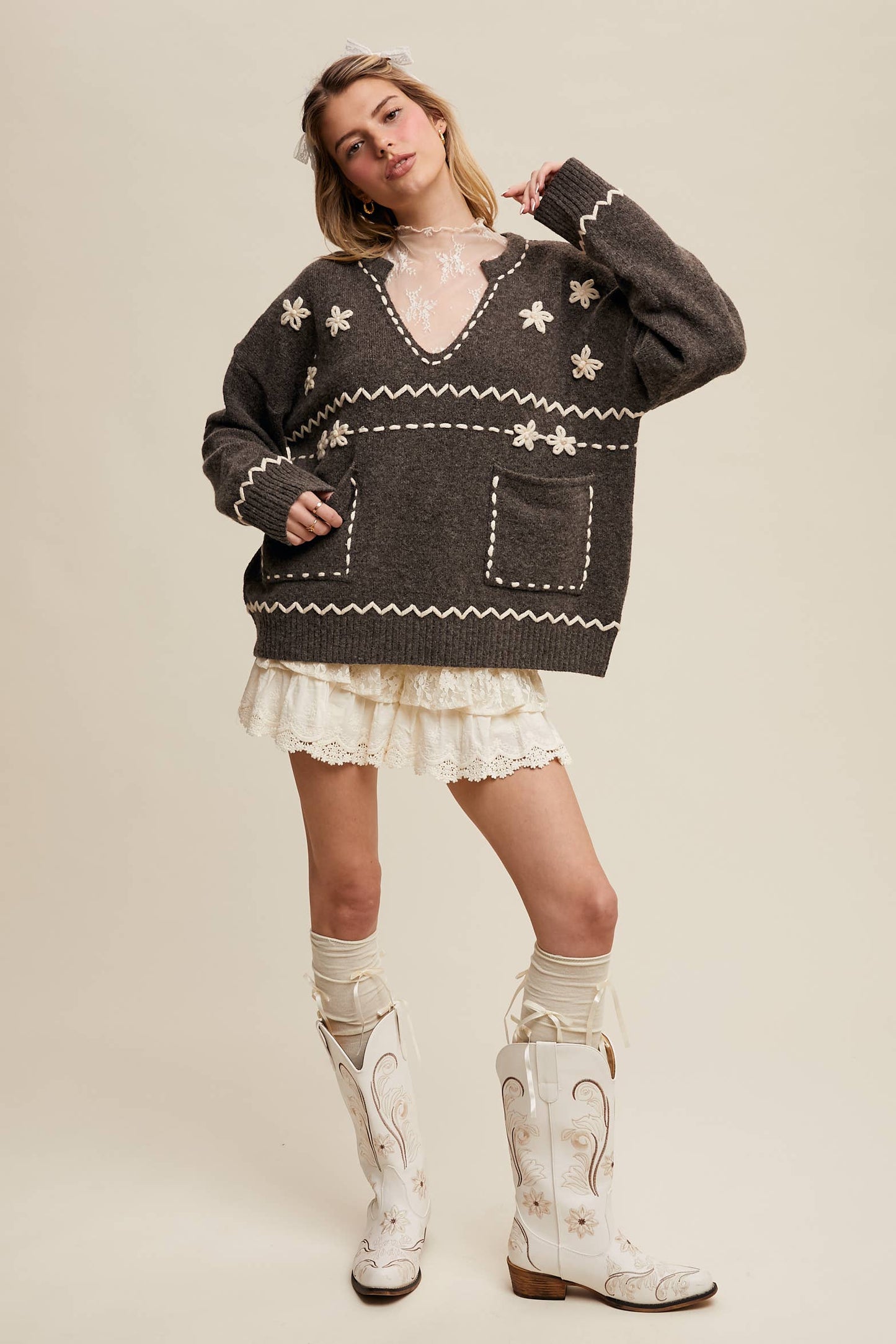 Floral Embroidered Knit Sweater LSW0978