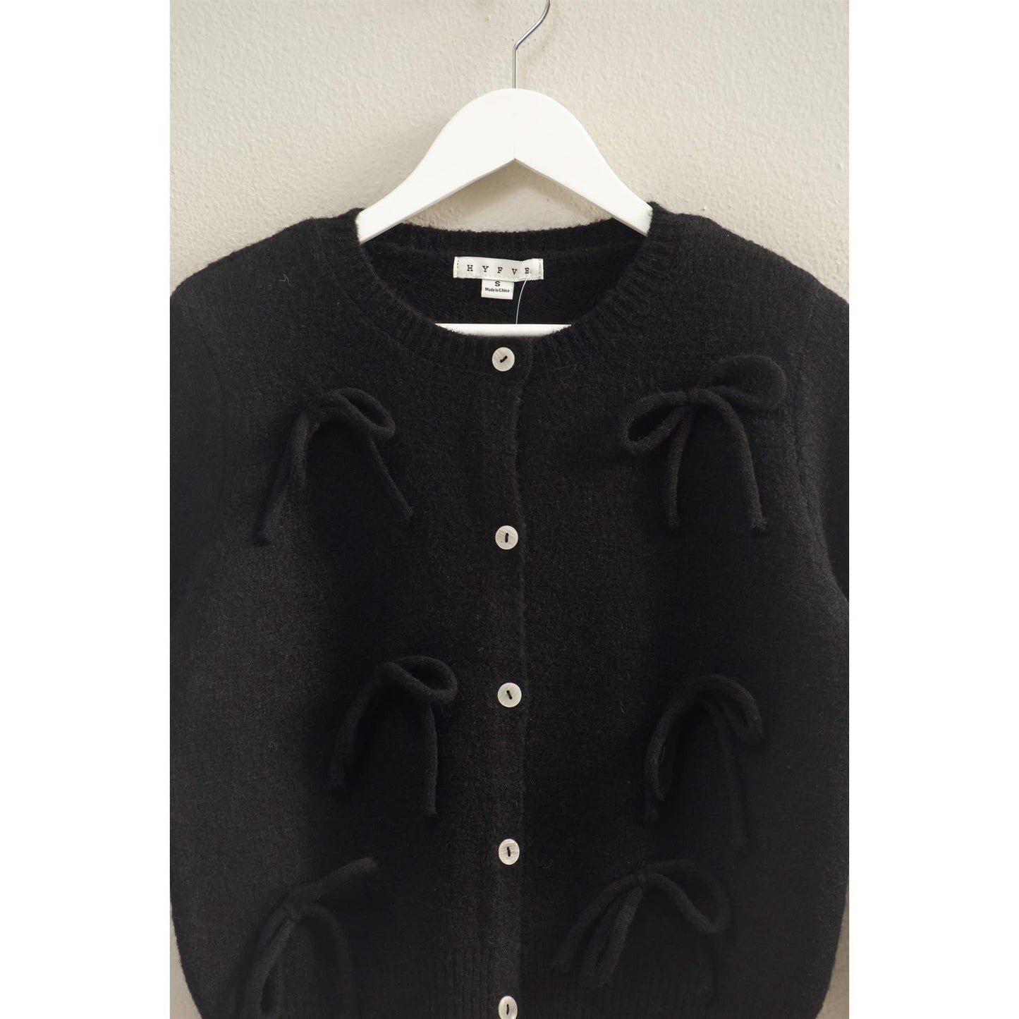 Bow-Adorned Crewneck Sweater Cardigan